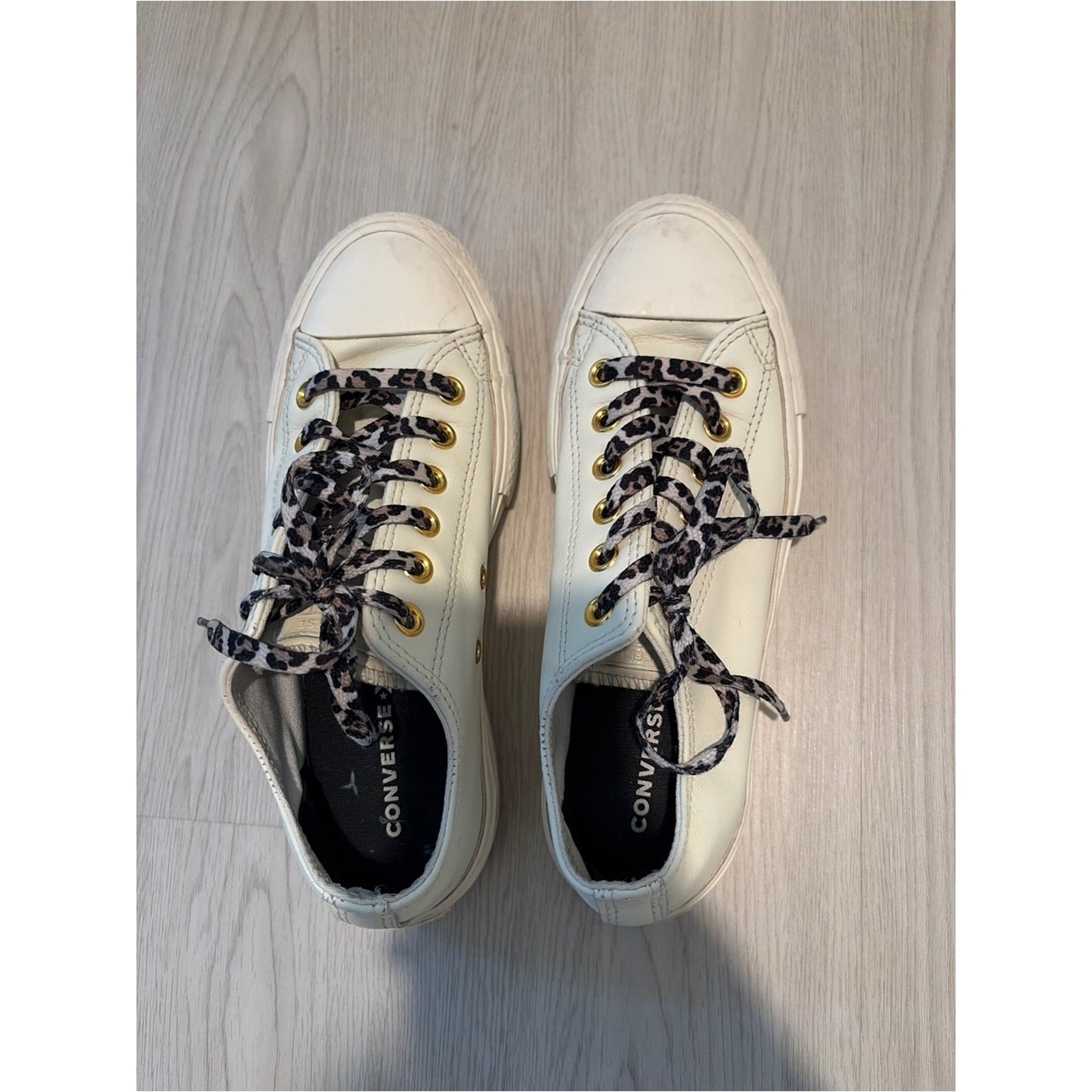 Converse White Low-Top Sneakers with Leopard Print Laces
