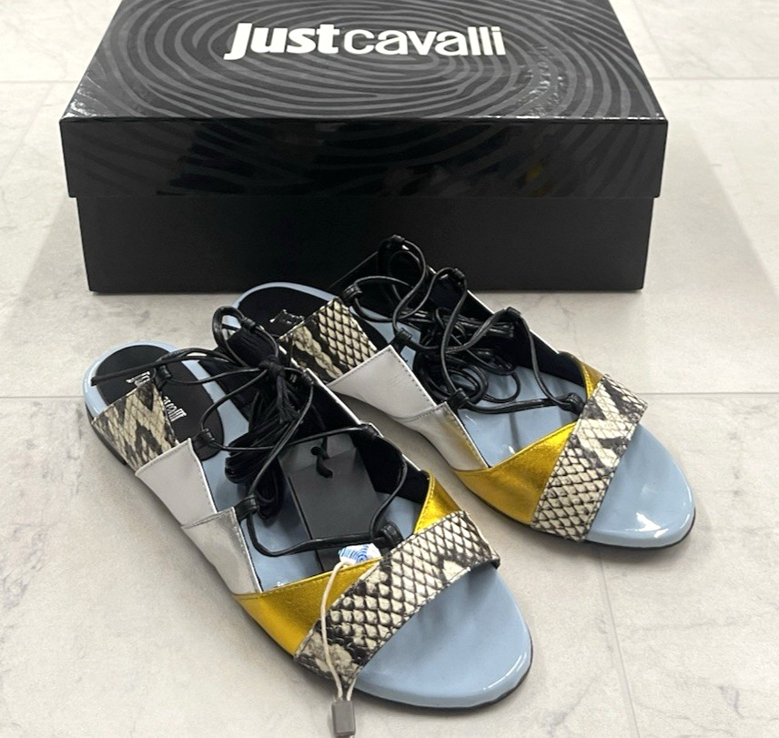 New Just Cavalli Lace Up Flat Leather Sandal Size: 37 (US 7)