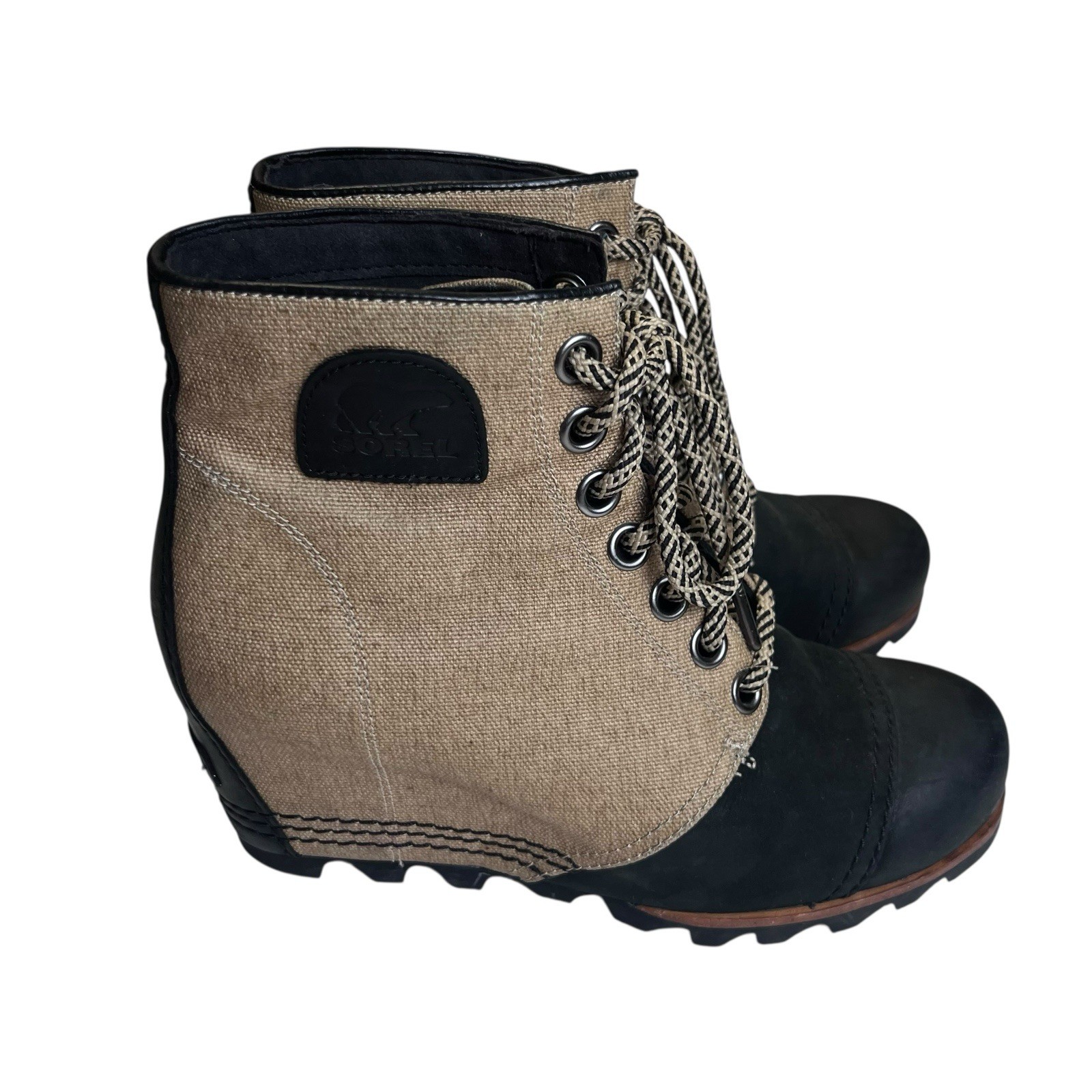 Sorel PDX Wedge Women’s Boots Tan & Black Waxed Canvas & Leather 9 Lace Up
