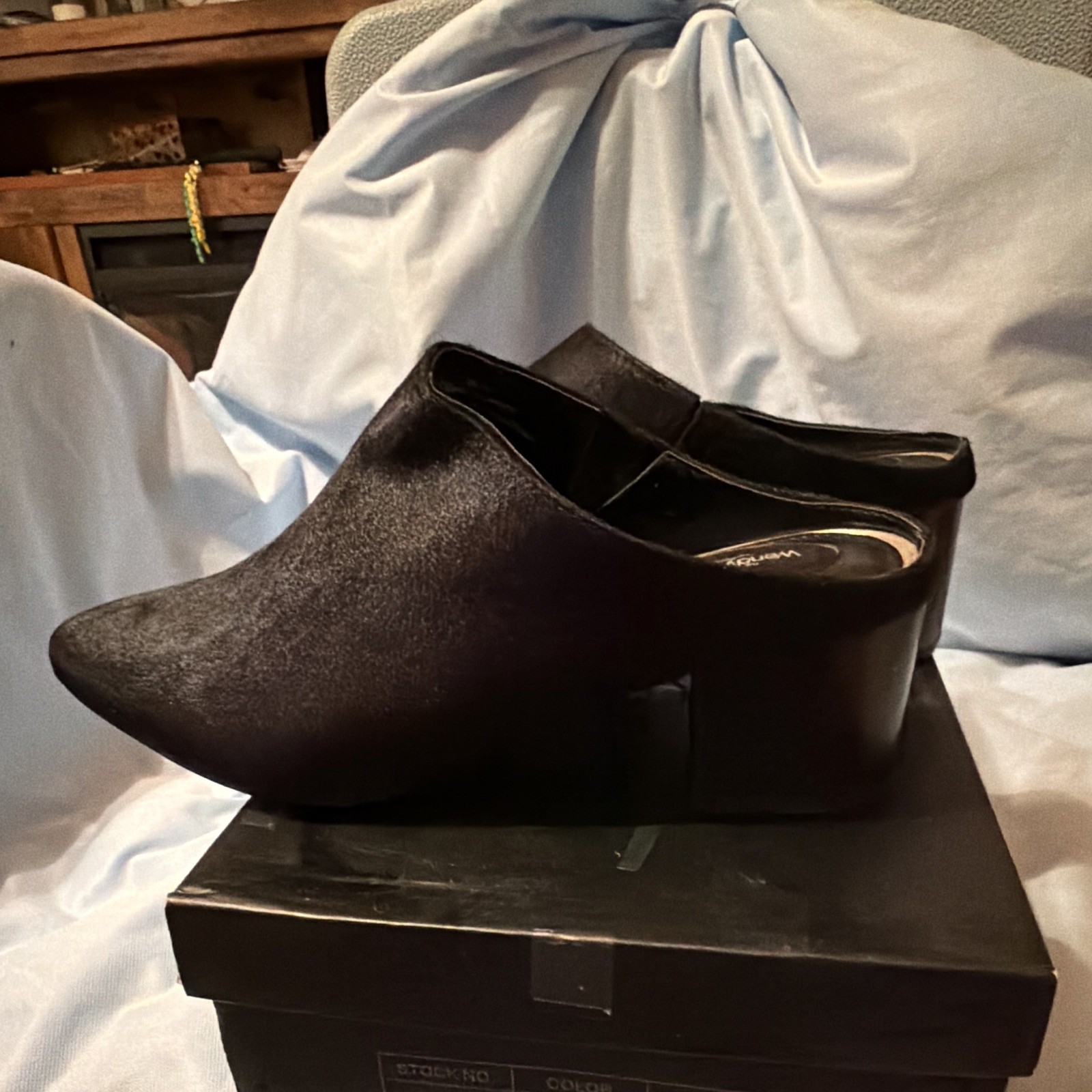 Women’s Black Hair Calf Pointed Toe Slip-On Mule Block Heel US 9 M