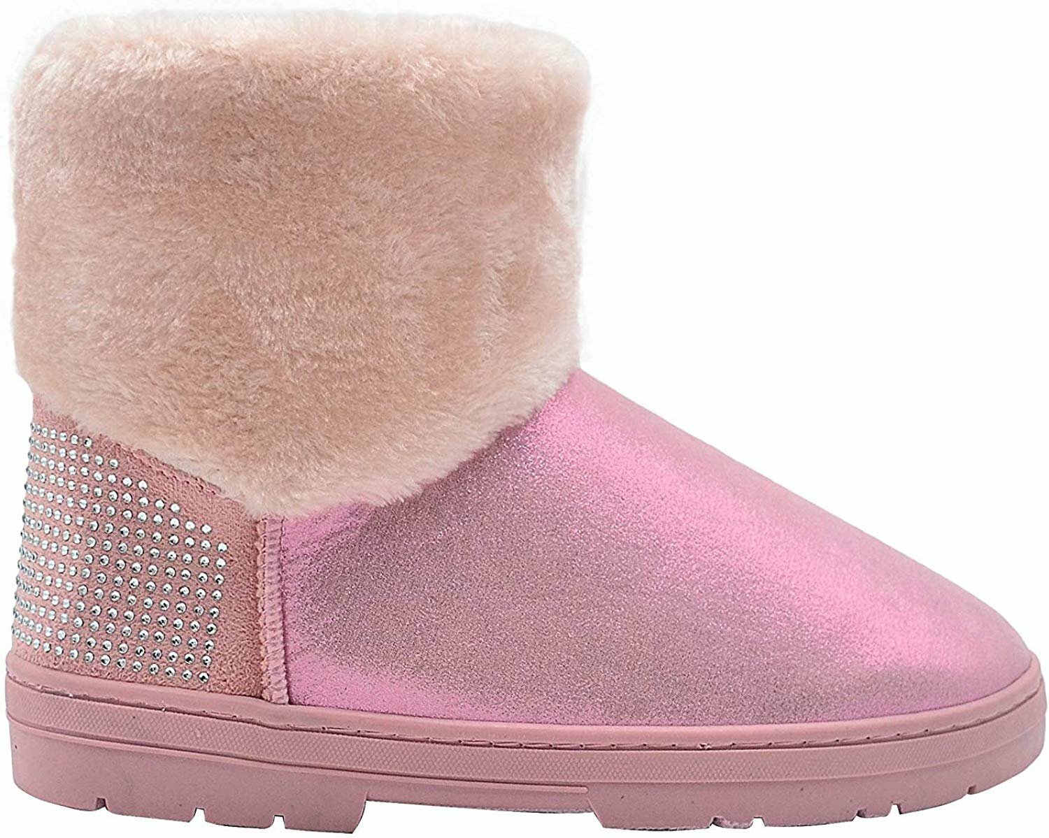 VIA ROSA Flat Short Shimmer Boots Blush Pink Faux Fur Shaft Rhinestone Sz L , XL