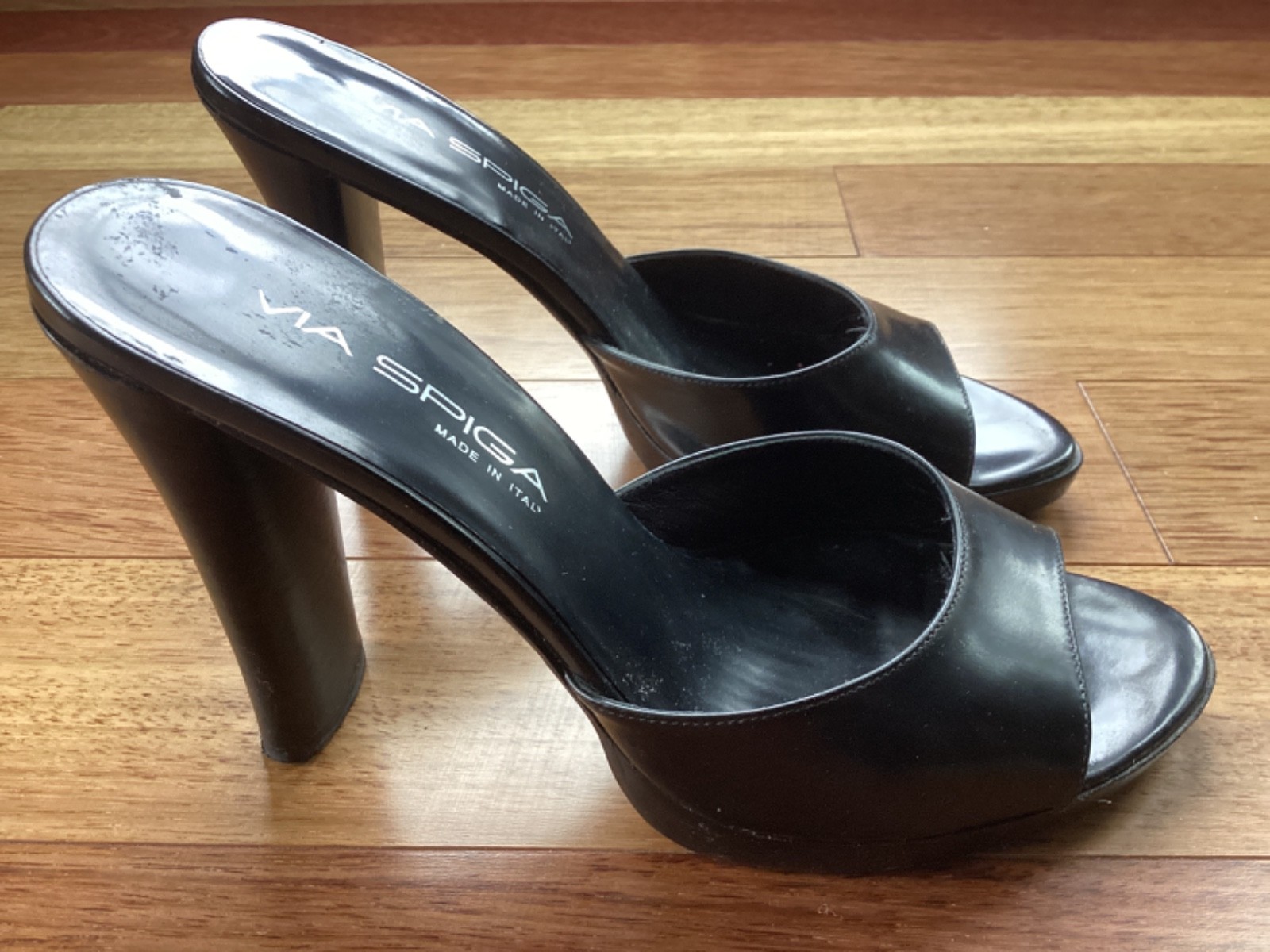 Via Spiga Vintage 4 Inch Heel Italian Black Leather Platform Mules Slides Sz 7
