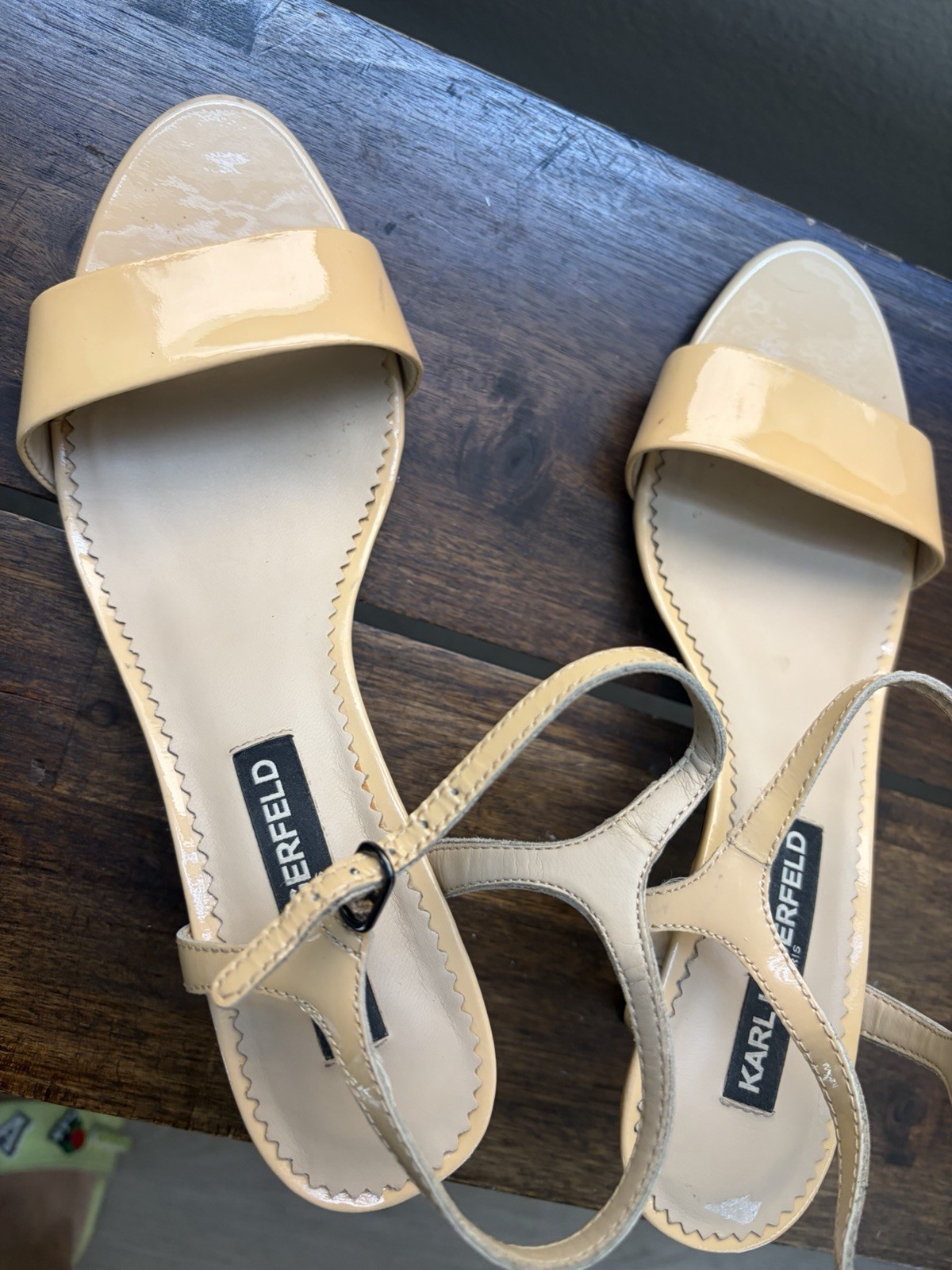 Karl Lagerfeld Paris Women’s Beige Patent Strappy Ankle Strap Buckle Open Toe