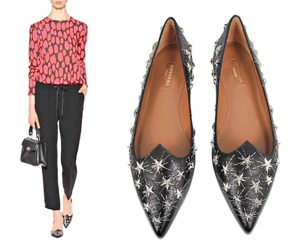 AQUAZZURA Cosmic Star Pointy Toe Flats in Black Silver sz US 6 – IT 36