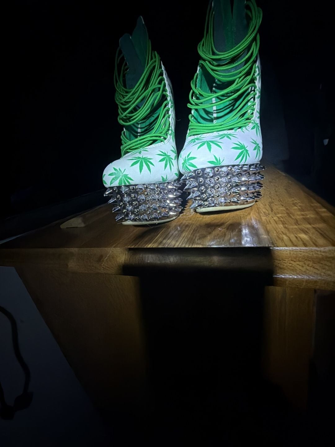 Kush Kouture Stiletto Platform Heels with Green Leaf Print and Spikes