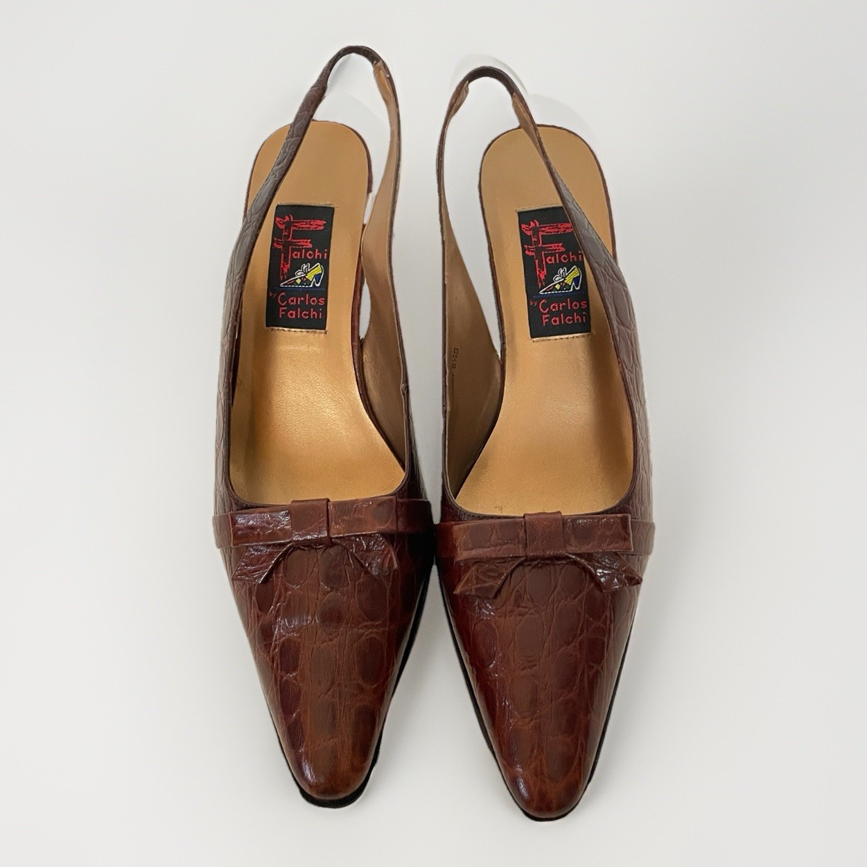 Carlos Falchi Size 8.5 Slingback Pumps Brown Leather Croco Embossed Kitten Heel