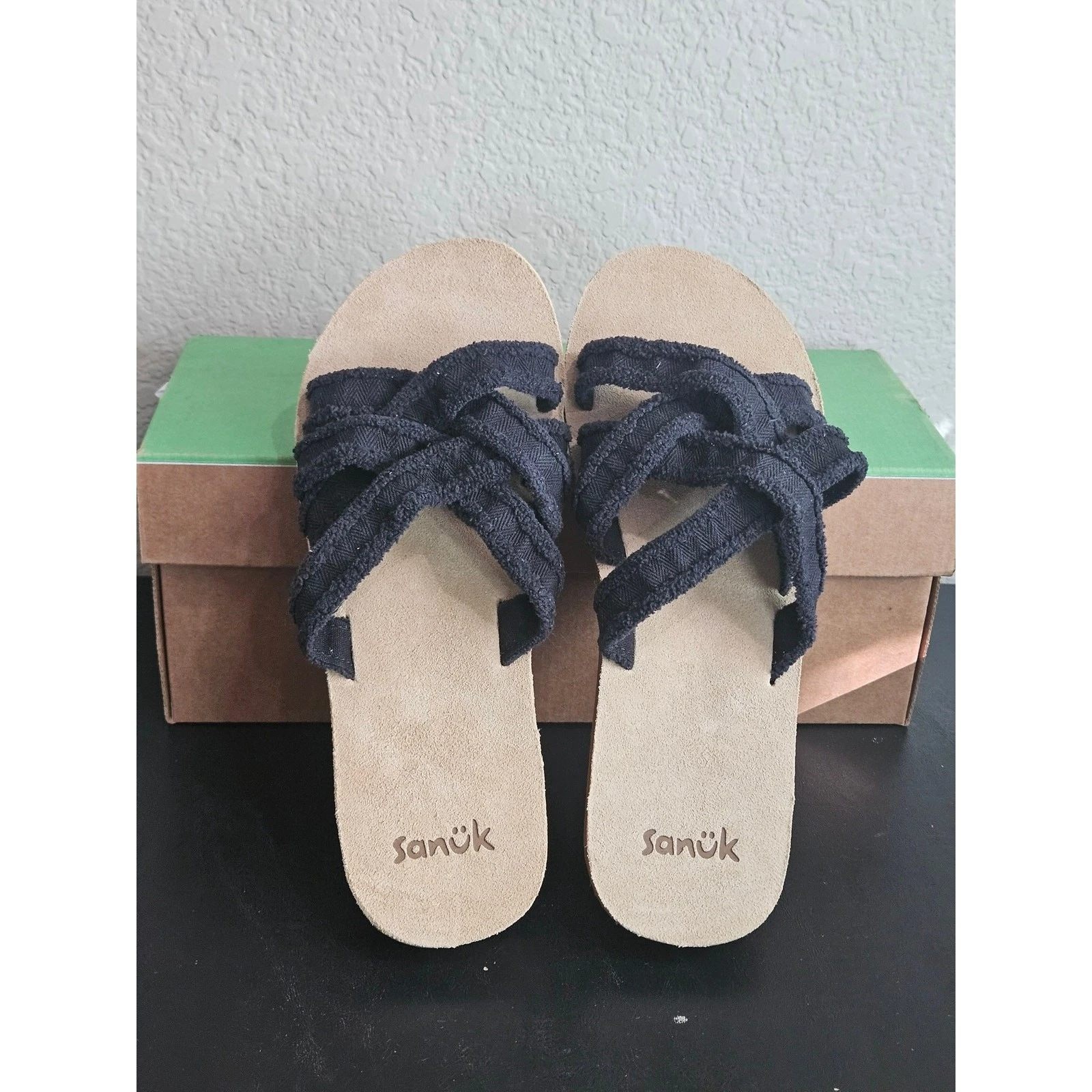 Sanuk W Fraidy Slide Black Frayed Fabric Sandals Women’s Size 7 NEW