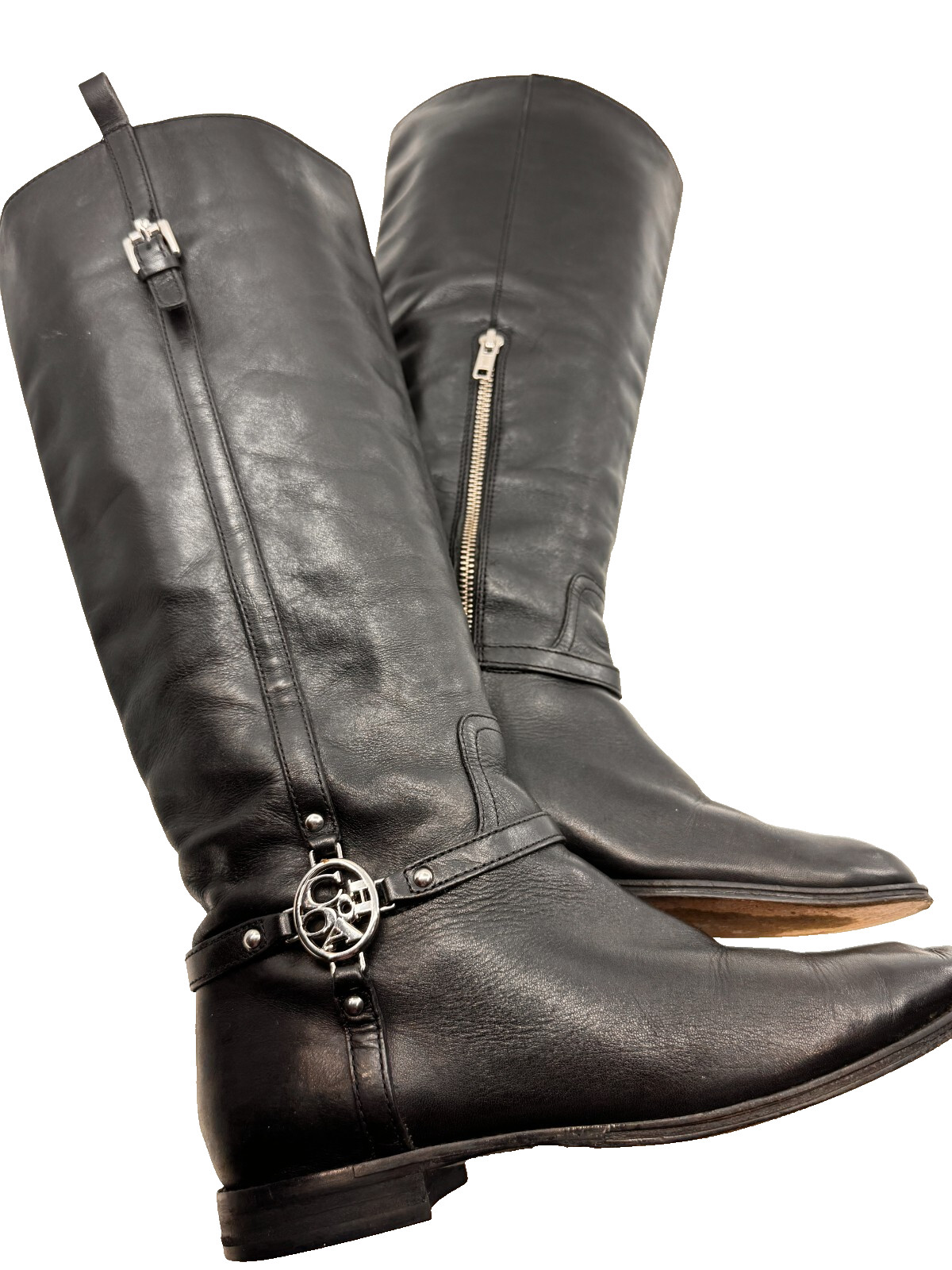 Coach Women Calve Boots Side Zip Semi Pointed SZ 7B Black Logo 1/2 Block Heel