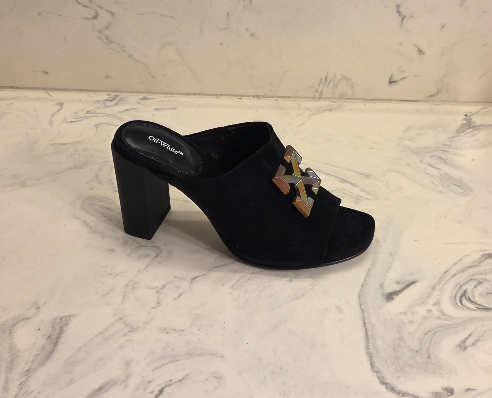 New! Off-White ‘Arrows Sabot’ Sandals Black Suede Womens 6 US 36 Eur. MSRP $900