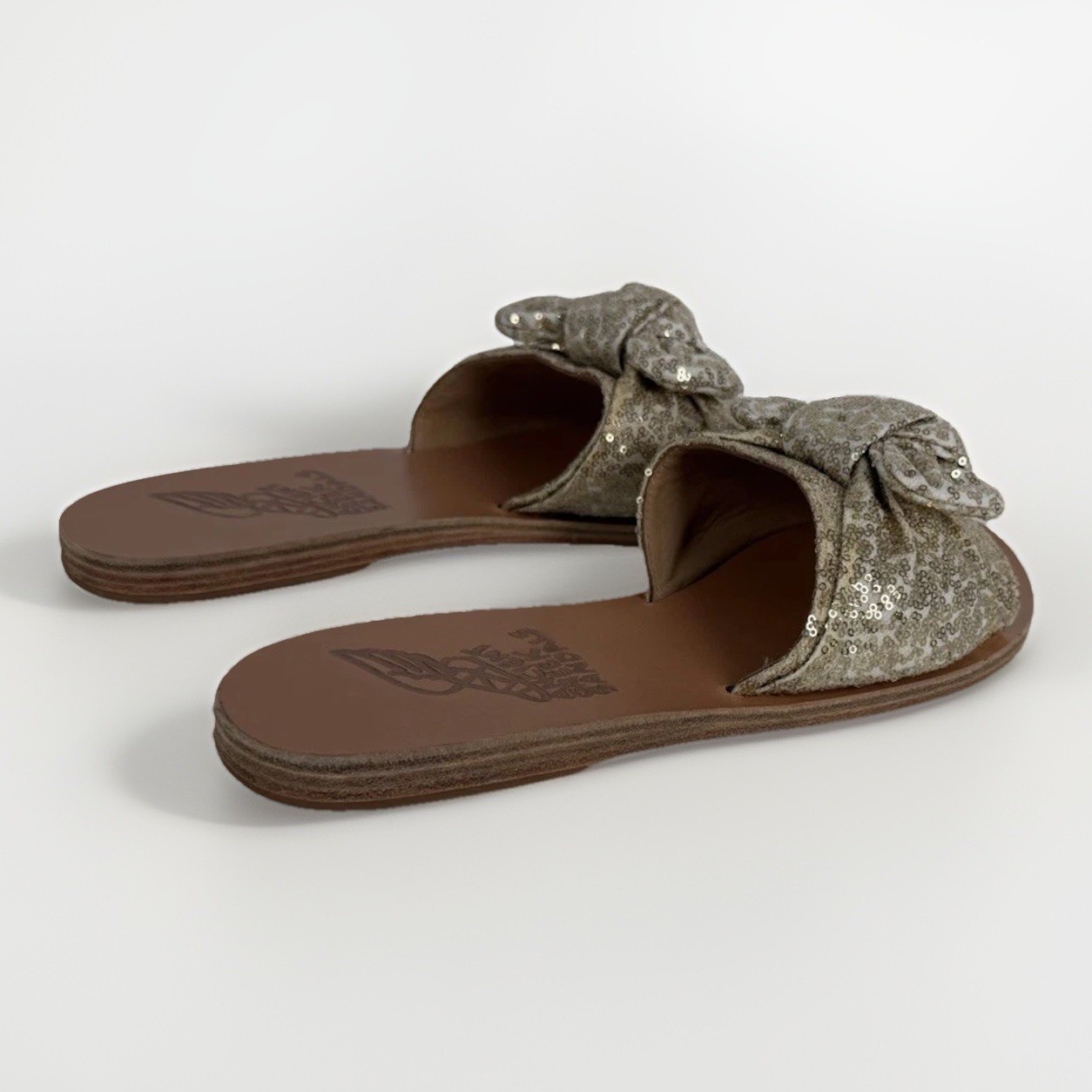 Ancient Greek Sandals Gold Sequin Bow Slide Sandals NWOB Dust Bag EU 37 US 7