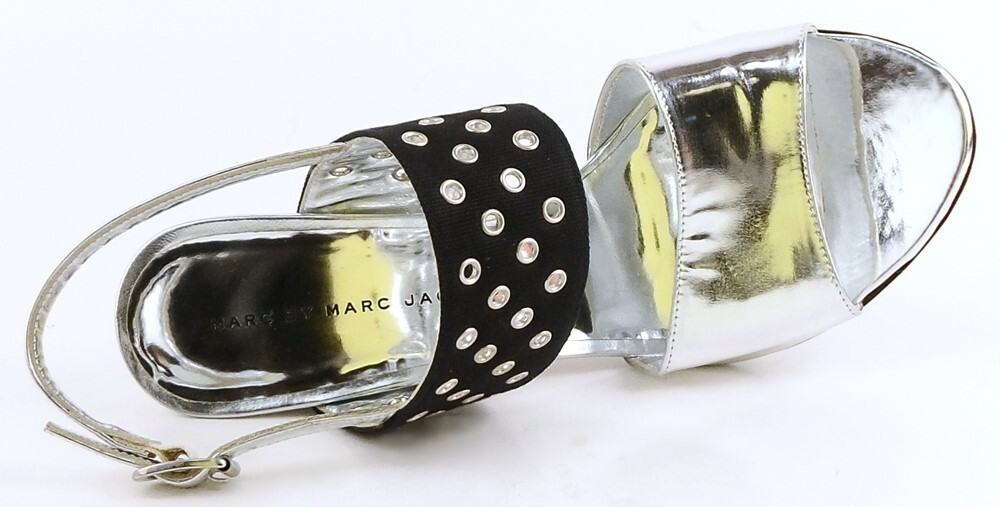 $480 MARC JACOBS 693974 Silver Metallic Black Designer Fashion Sandals 6 EUR 36