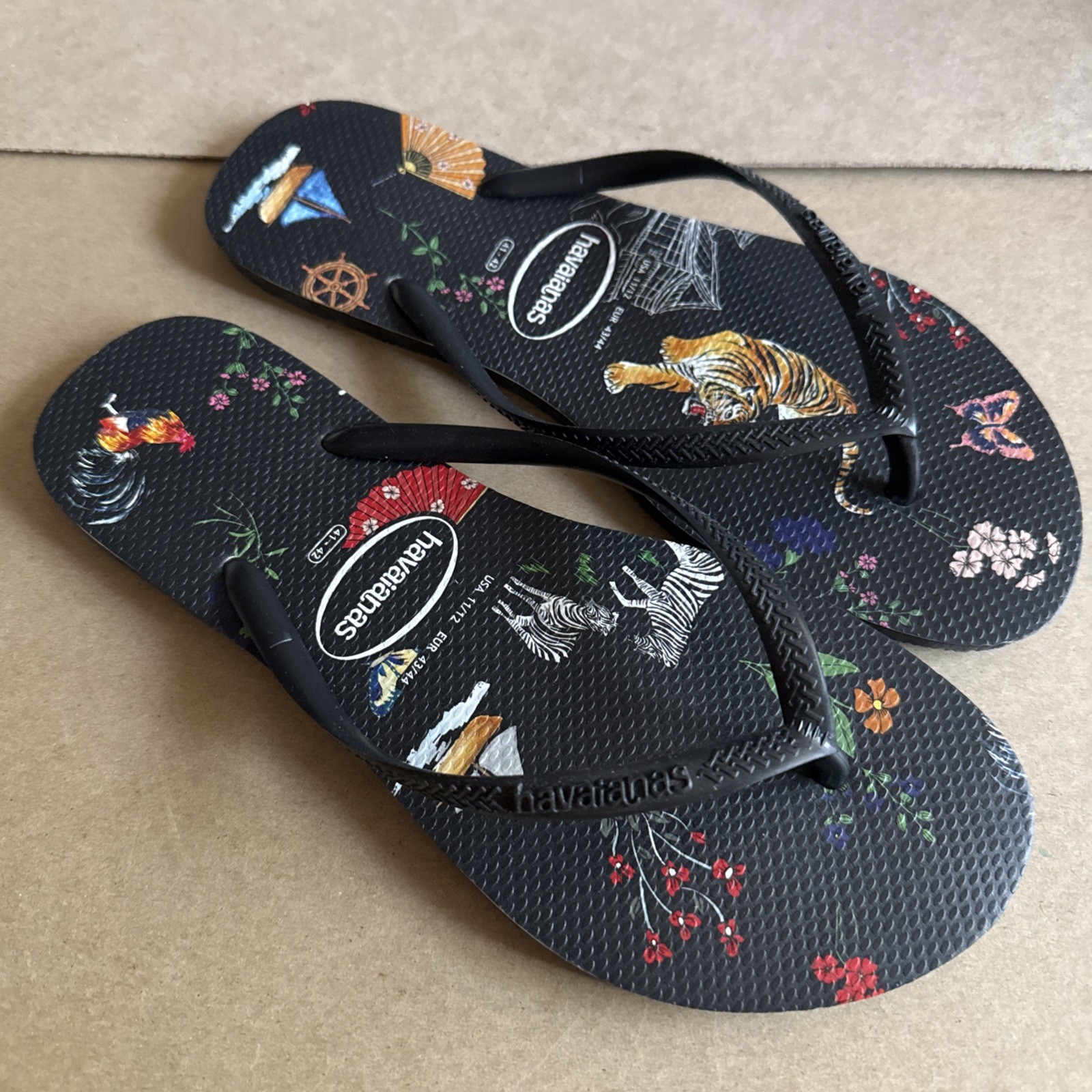 Havaianas Slim Black w/Animals/Flowers/Sailboats EU 41-42 New