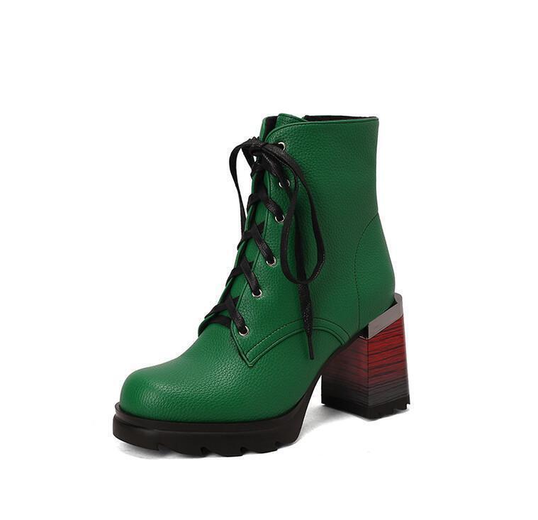 Women’s Faux Leather Ankle Boots Lace Up Shoes Block Heel High Top Loafers Zip