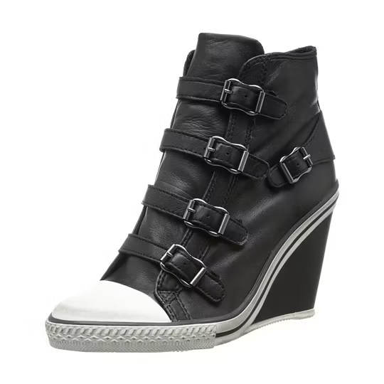 FSJ Custom Black Multi Buckle Wedge Sneaker Boots Round Toe Women