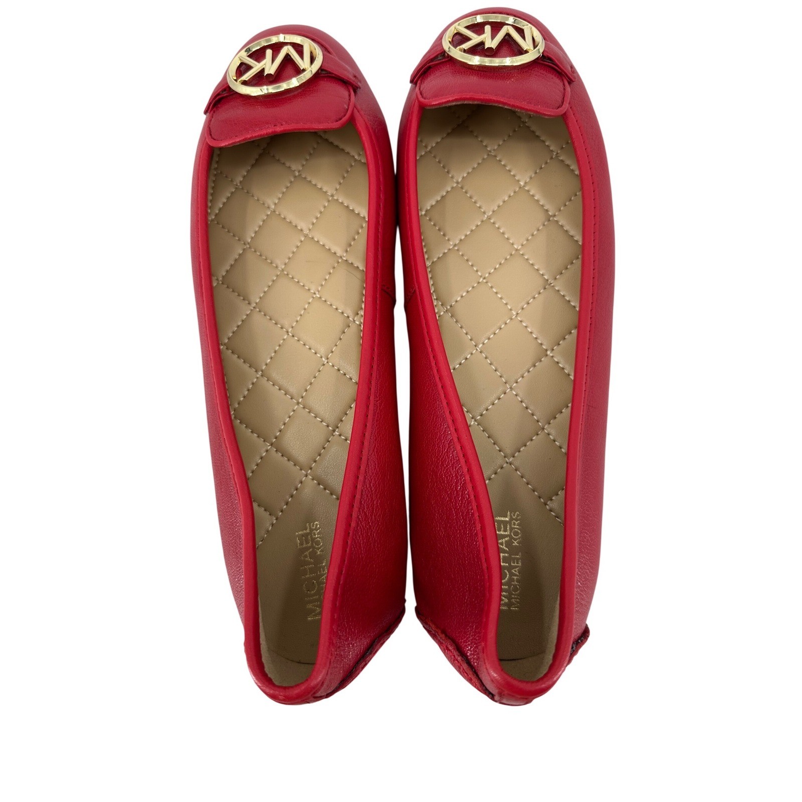Michael Kors Fulton Moc Red Leather Ballet Flats Gold MK Logo Medallion 9M Chic