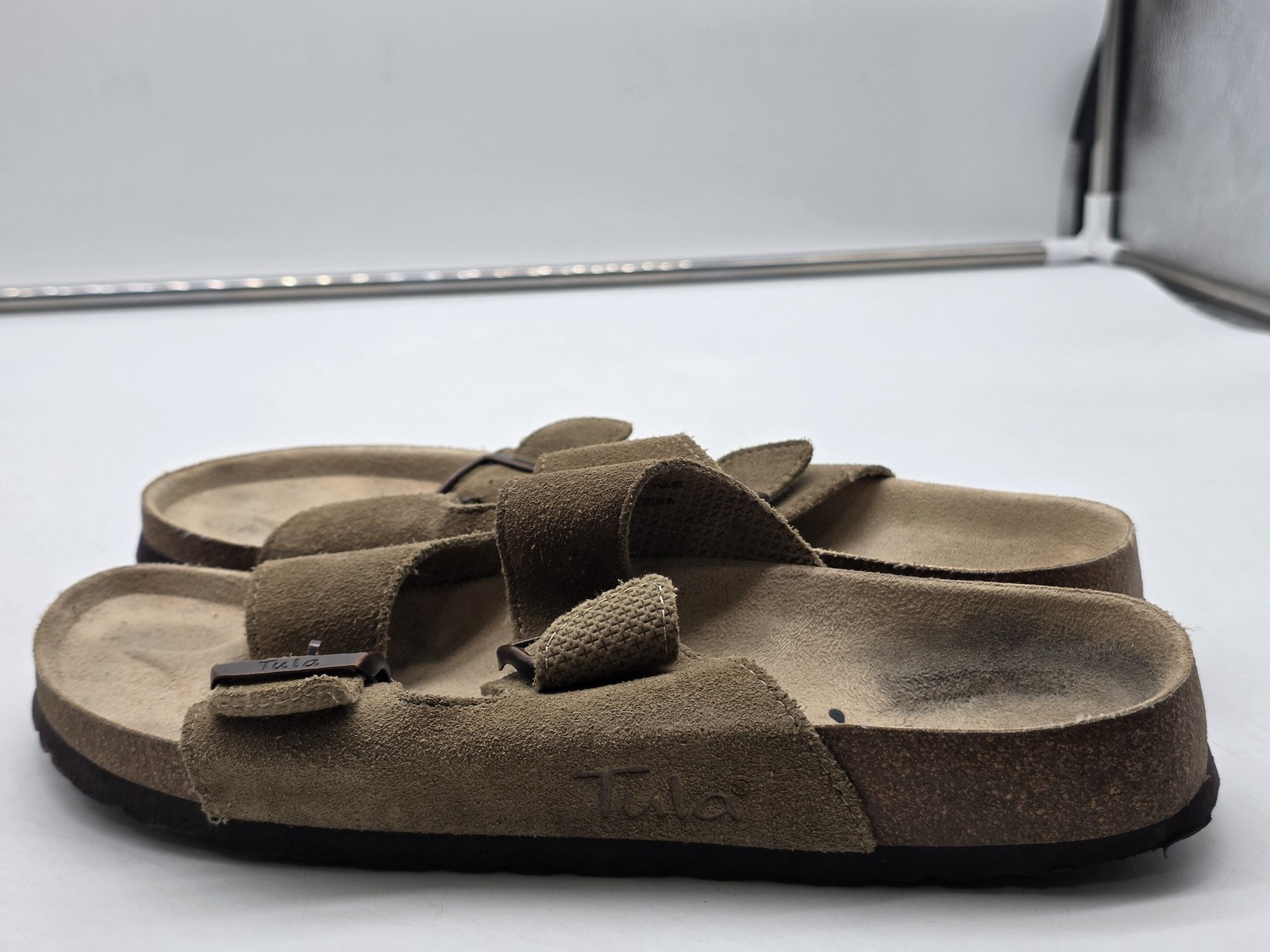 Tula Sandals Womens Size 9.5 40.5 Brown Suede Cork Slide Buckle Stains Shoes