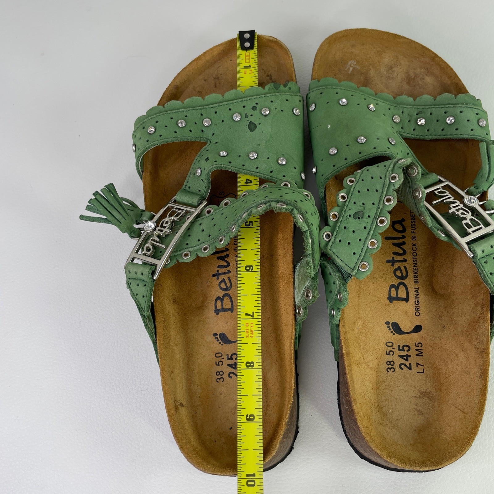 Original Birkenstock Betula Green Leather Rhinestone Tassel Sandals Women 38 L7