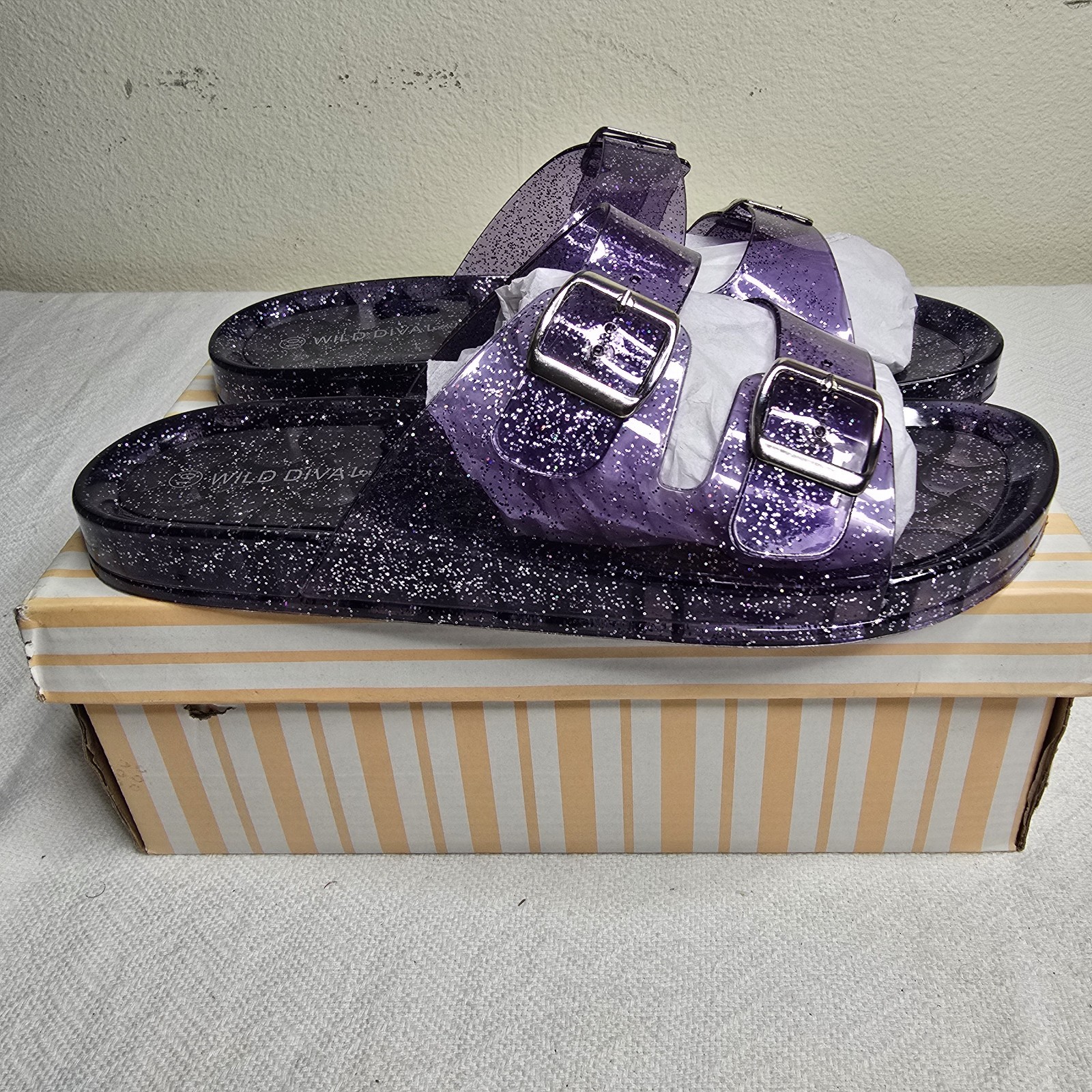 Wild Diva Purple Glitter Double Buckle Adjustable Strap Slide Sandals Women’s
