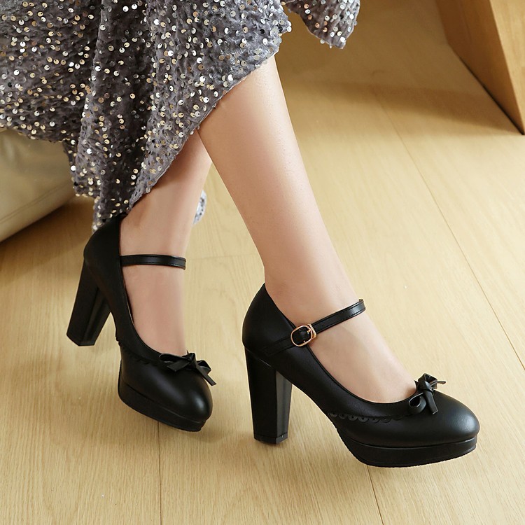 Women’s Block Heel Buckle Bow Mary Jane Casual Pump Sweet Ankle Strap Work Shoes