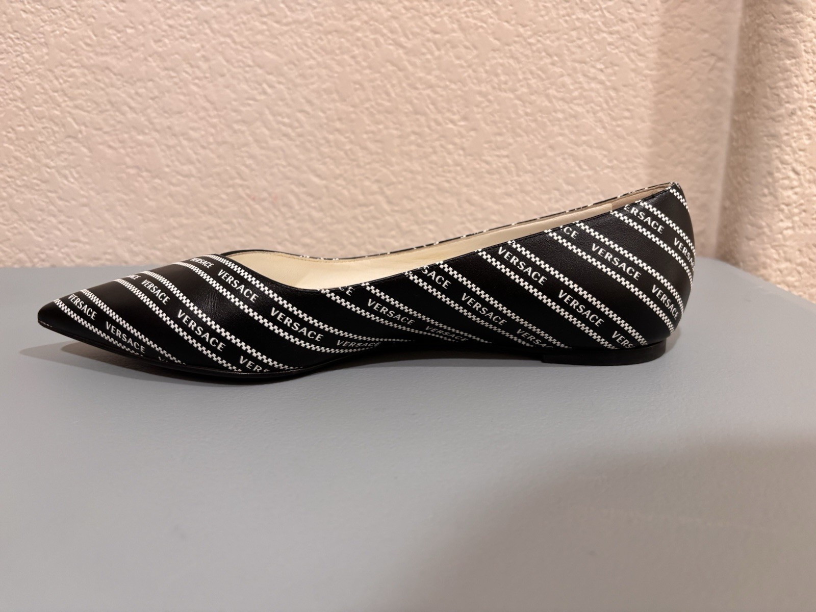 Versace Black/White Logo Striped Pointed Toe Slip-On Flats Women’s US 7.5