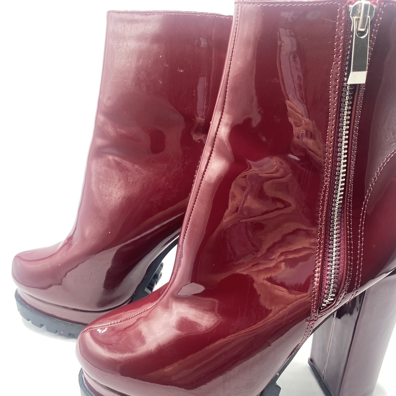 Women’s Burgundy Wine Maroon She & In Chunky Heel Zippered Boots Mod Y2K Sz 7.5