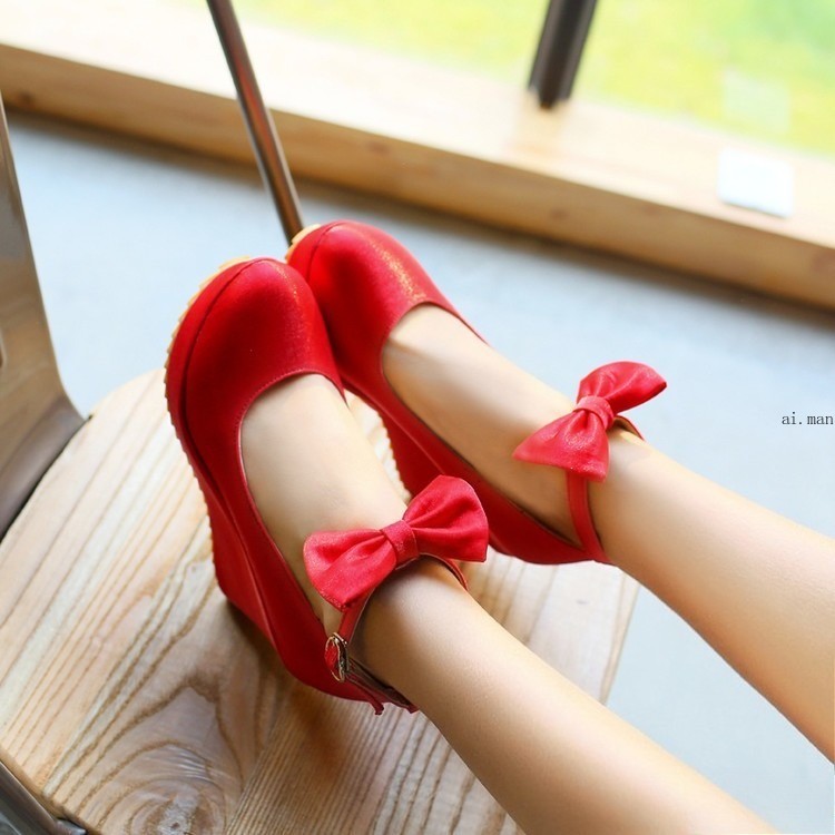 Women’s Round Toe Wedge Heeled Platform Wedding Shoes Bow Tied Shoes Pumps