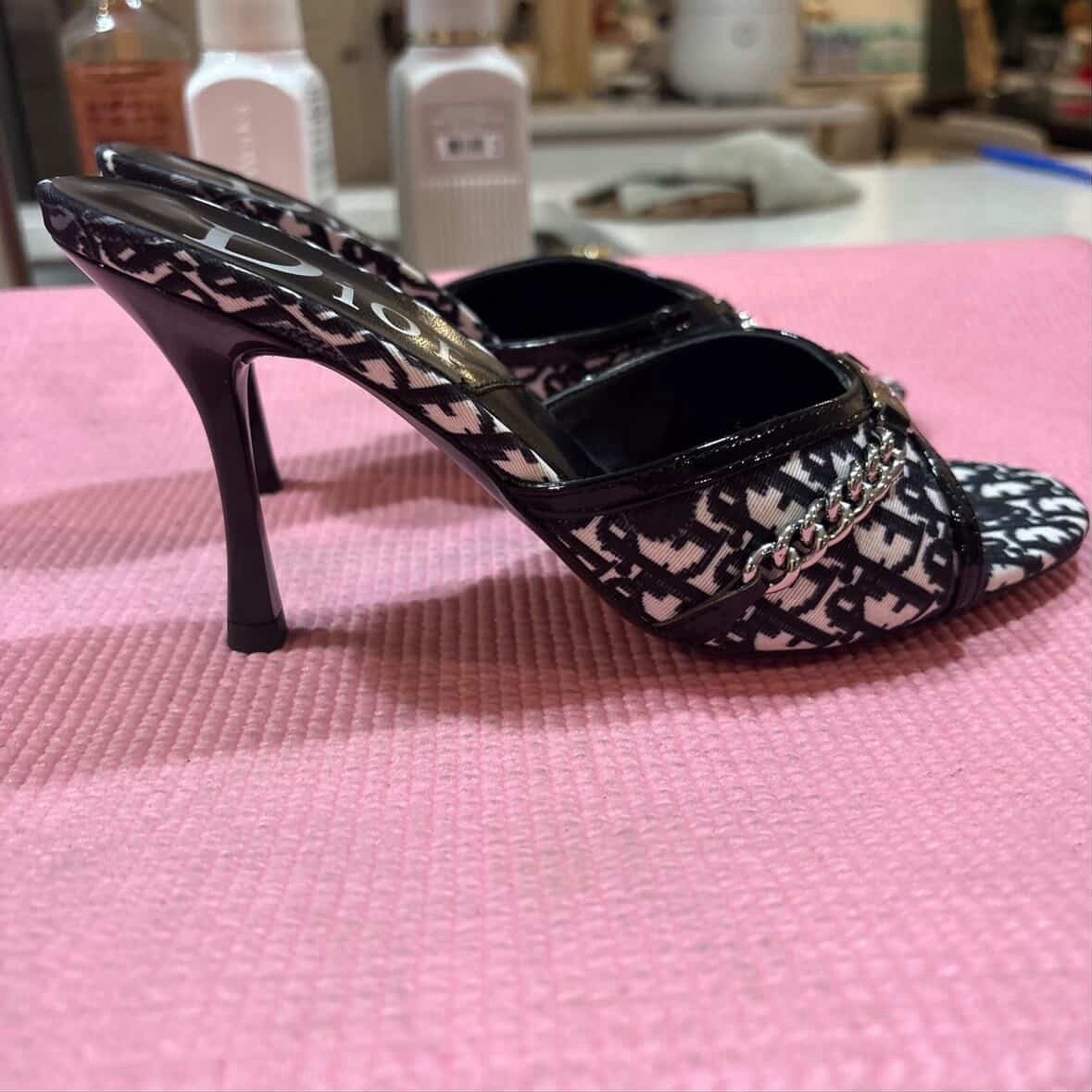 Dior Black & White Monogram cherry blossom Chain Heels Open Toe Leather Women’s6