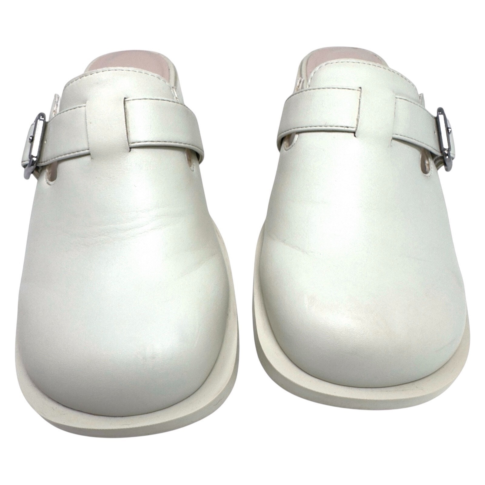Charles & Keith Leather Mule Clogs Buckle Closed Toe W6 White Casual
