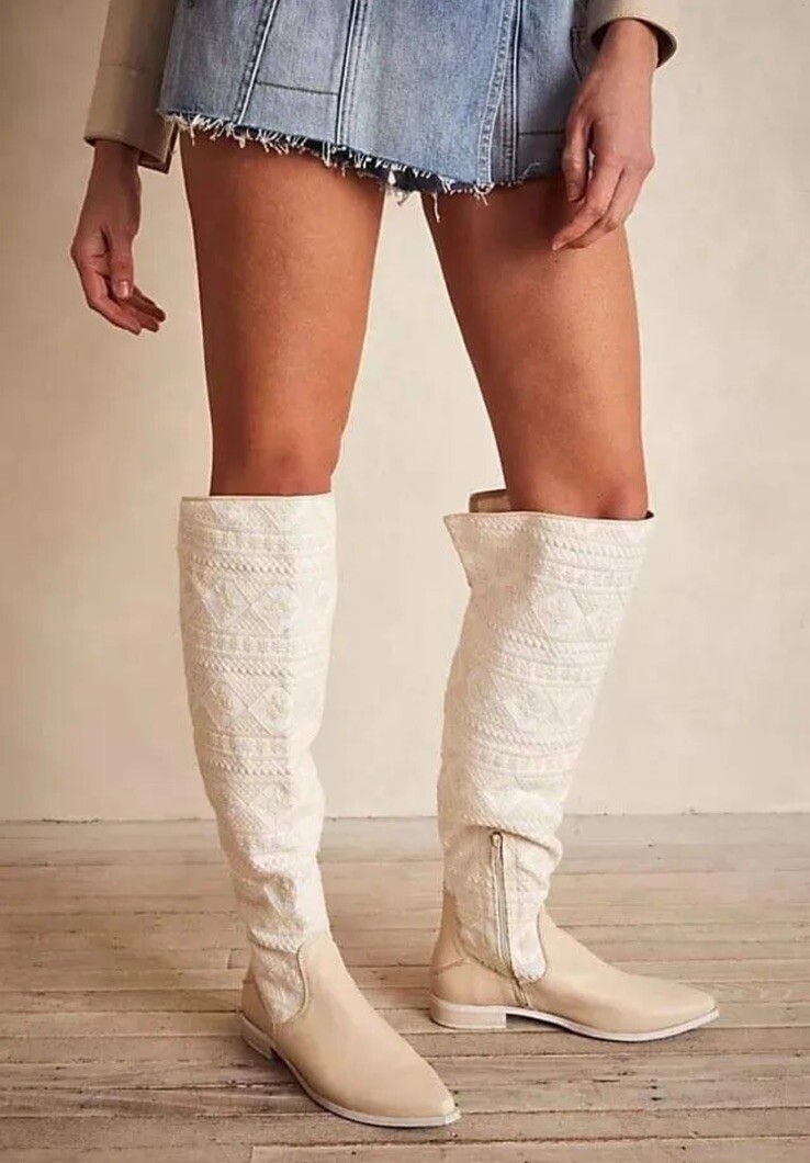 FREE PEOPLE Bren Ecru Slouch Boots Textile/Leather US 10 / EU 40 NEW Retail $298