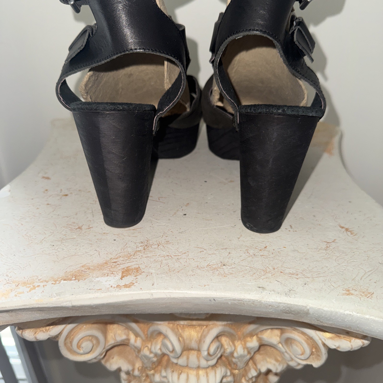 Free People 38 US8 Sacramento Brown Suede Black Leather Wood Platform Sandals