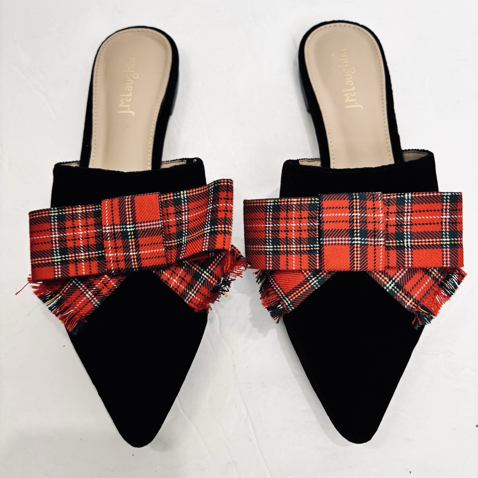 J Mclaughlin Lyon Flats Tartan Red Bow Pointed Toe Black Velvet Slide On Loafers