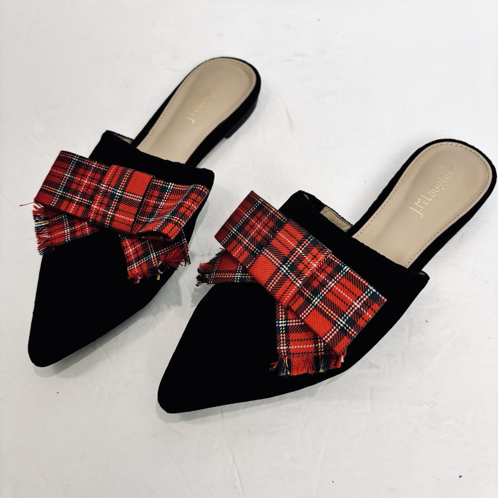 J Mclaughlin Lyon Flats Tartan Red Bow Pointed Toe Black Velvet Slide On Loafers