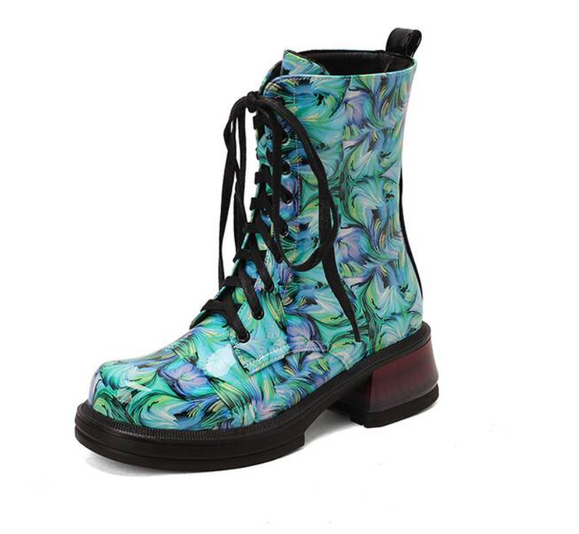 Printing Women’s Faux Leather Ankle Boots Chunky Heel Shoes Lace Up Round Toe SZ