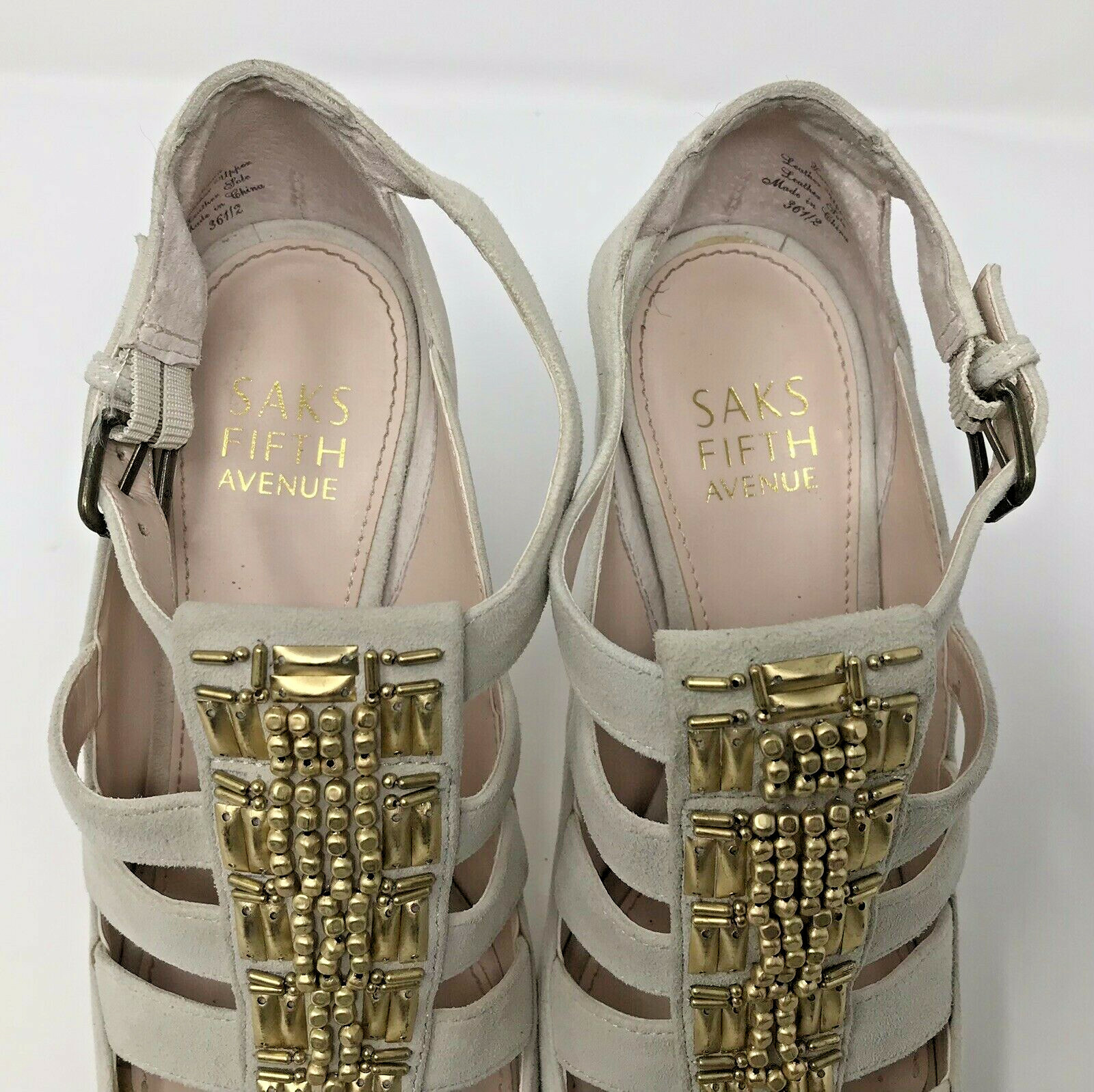 Saks Fifth Avenue Leather Lona Peep Toe Shoes Heels Womens US 6.5 EU 36 1/2 Bone
