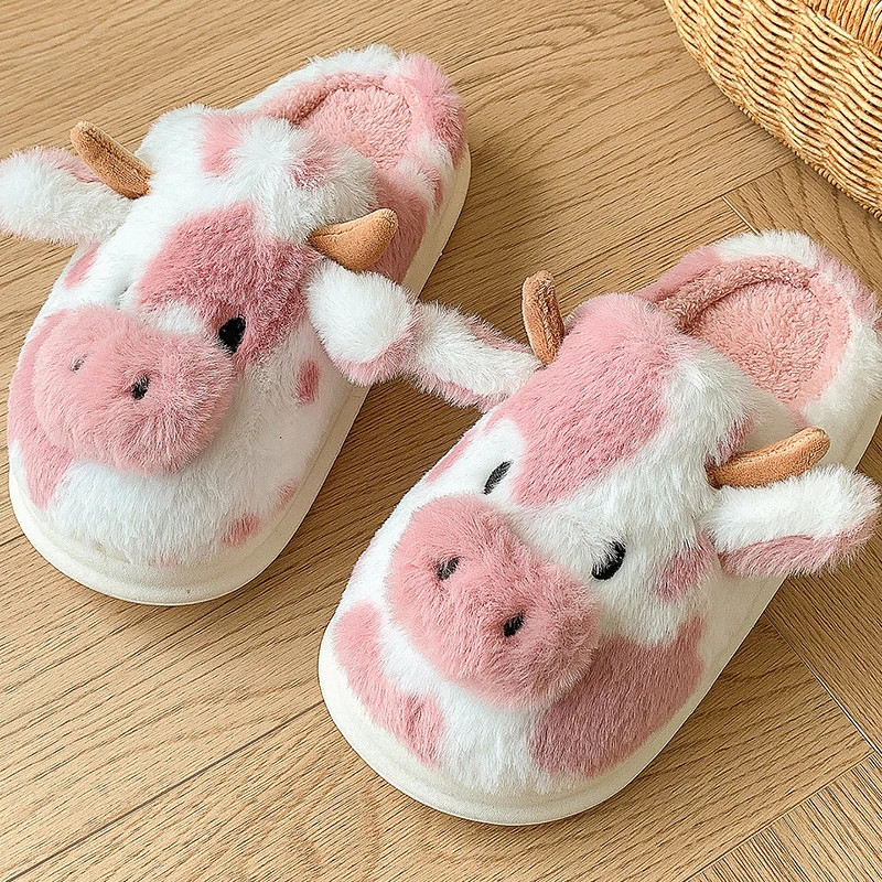 Fluffy Women’s Slippers Home Cartoon Cow Designer Winter Shoes Girls Flat Trend