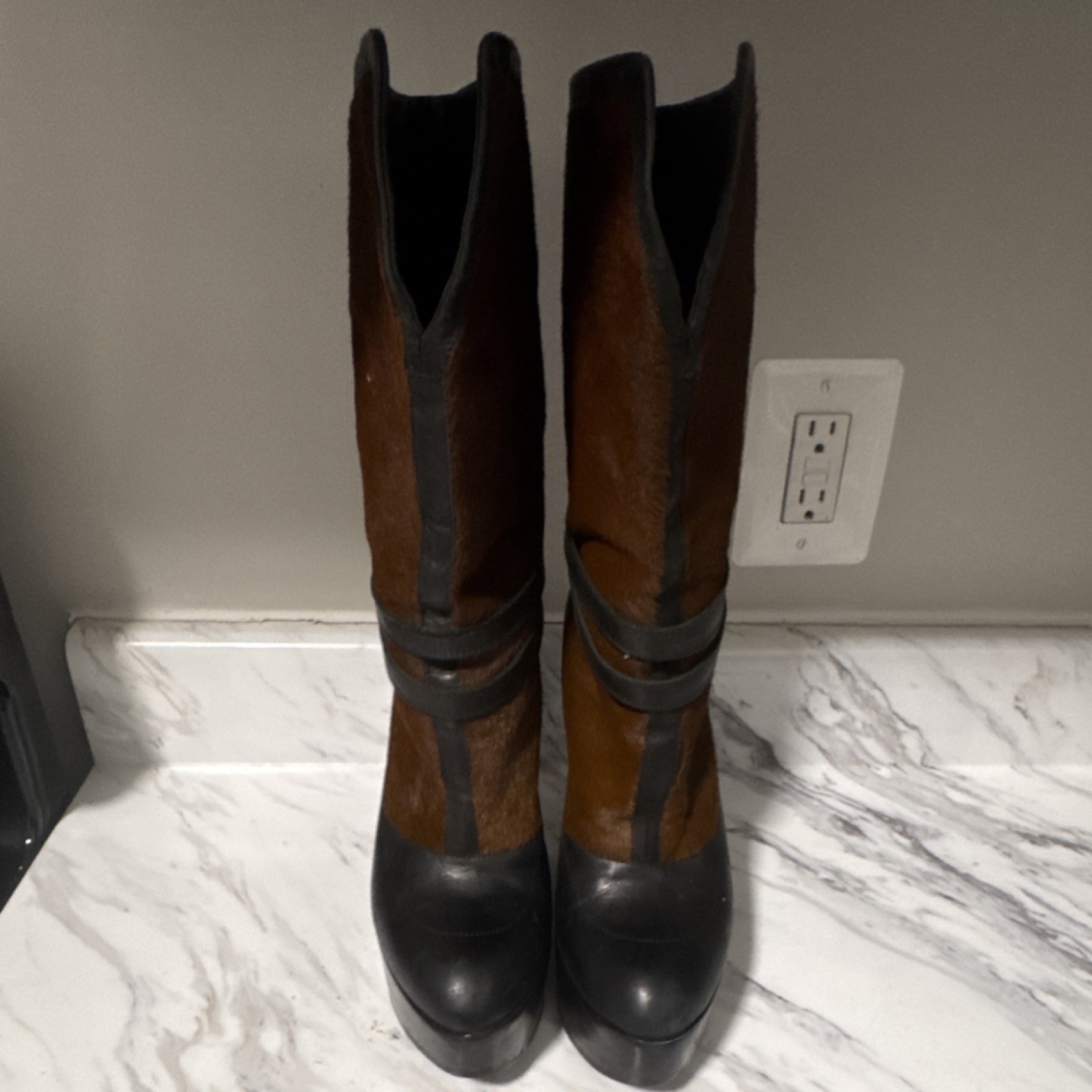 Derek Lam Womens Pony Hair Leather Mid Calf Wood Platform Boots 8