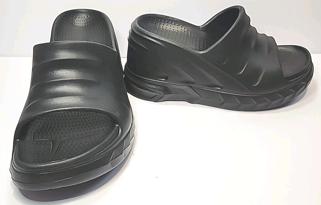 Womens 7 Black Wedge Platform Slide Flip Flops Beach Sandal Slip On Goth Fairy