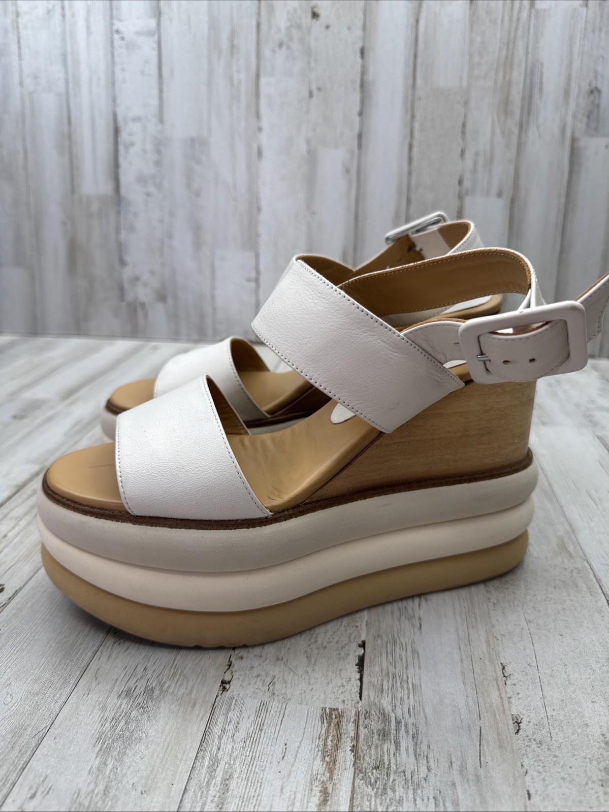 Paloma Barcelo Women’s Jacta Platform Wedge Sandals Size 37 Calfskin Leather