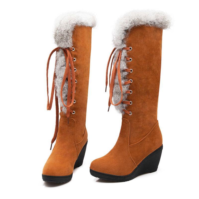 Women Snow Boots Wedges Platform Lace Up Knee High Boots Fur Trim Winter Shoes