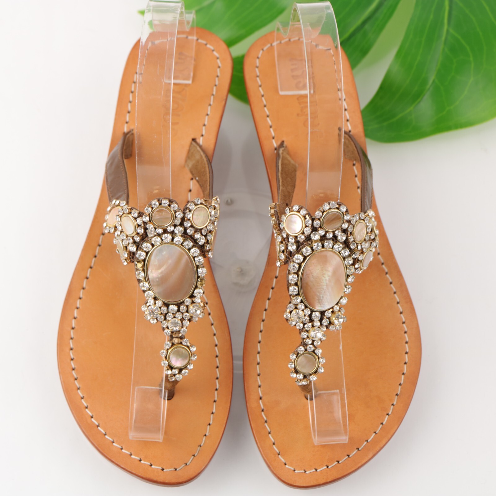 Mistique Womens Jewel Sandal Size 8 Rhinetone Thong Slide Handmade Low Wedge