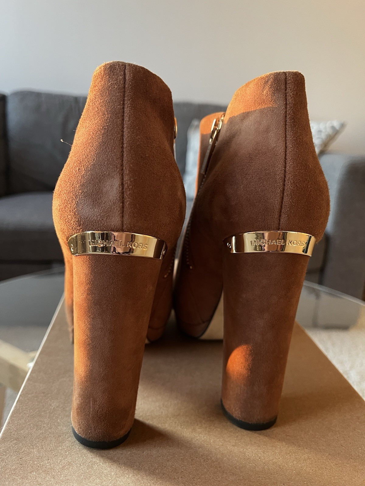 Michael Kors Brown Suede Ankle Booties Block Heel Zipper Logo Round Toe