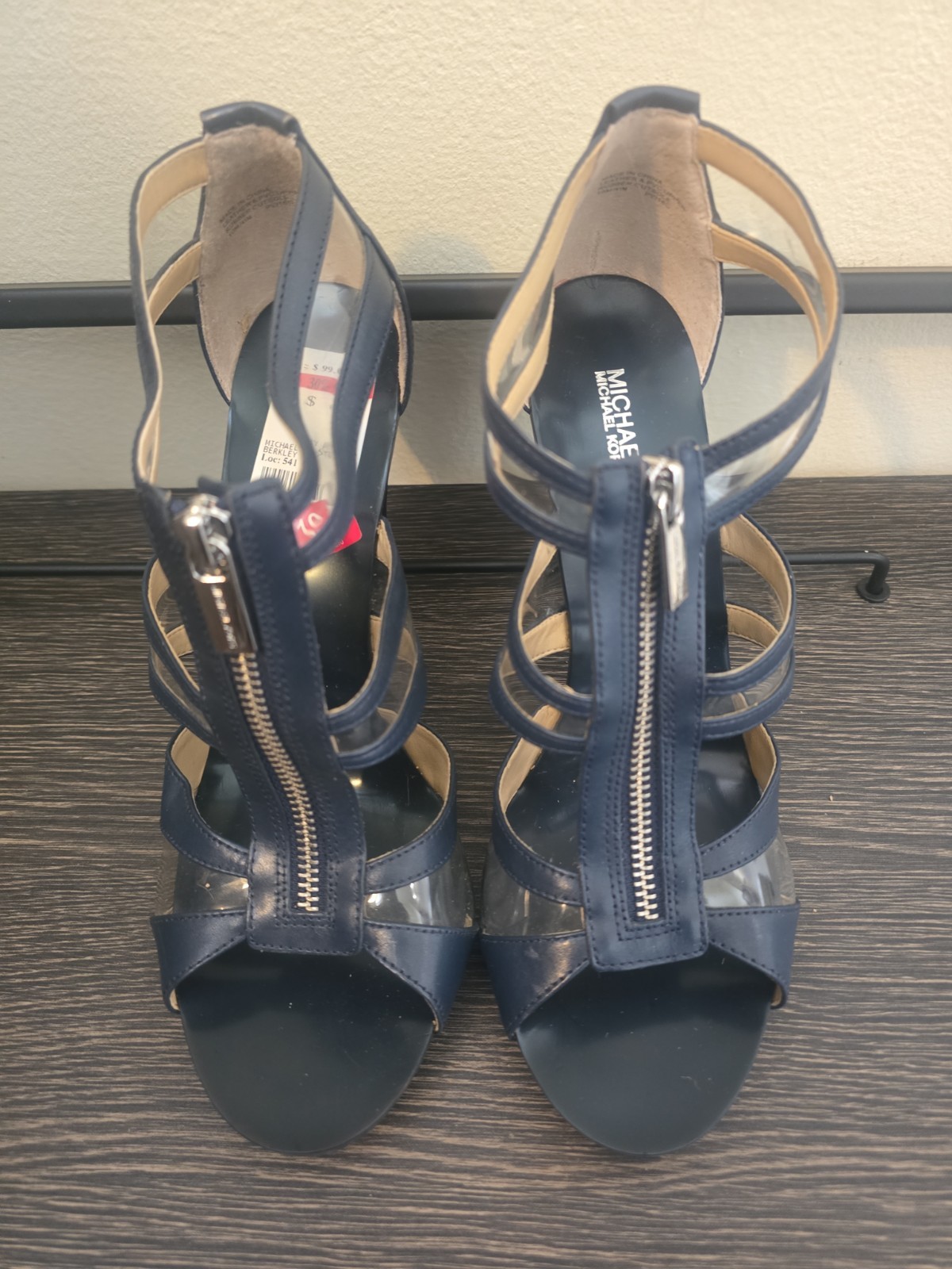 Women’s Michael Kors Berkley Navy Leather Transparent T-Strap Sandals 10, NEW