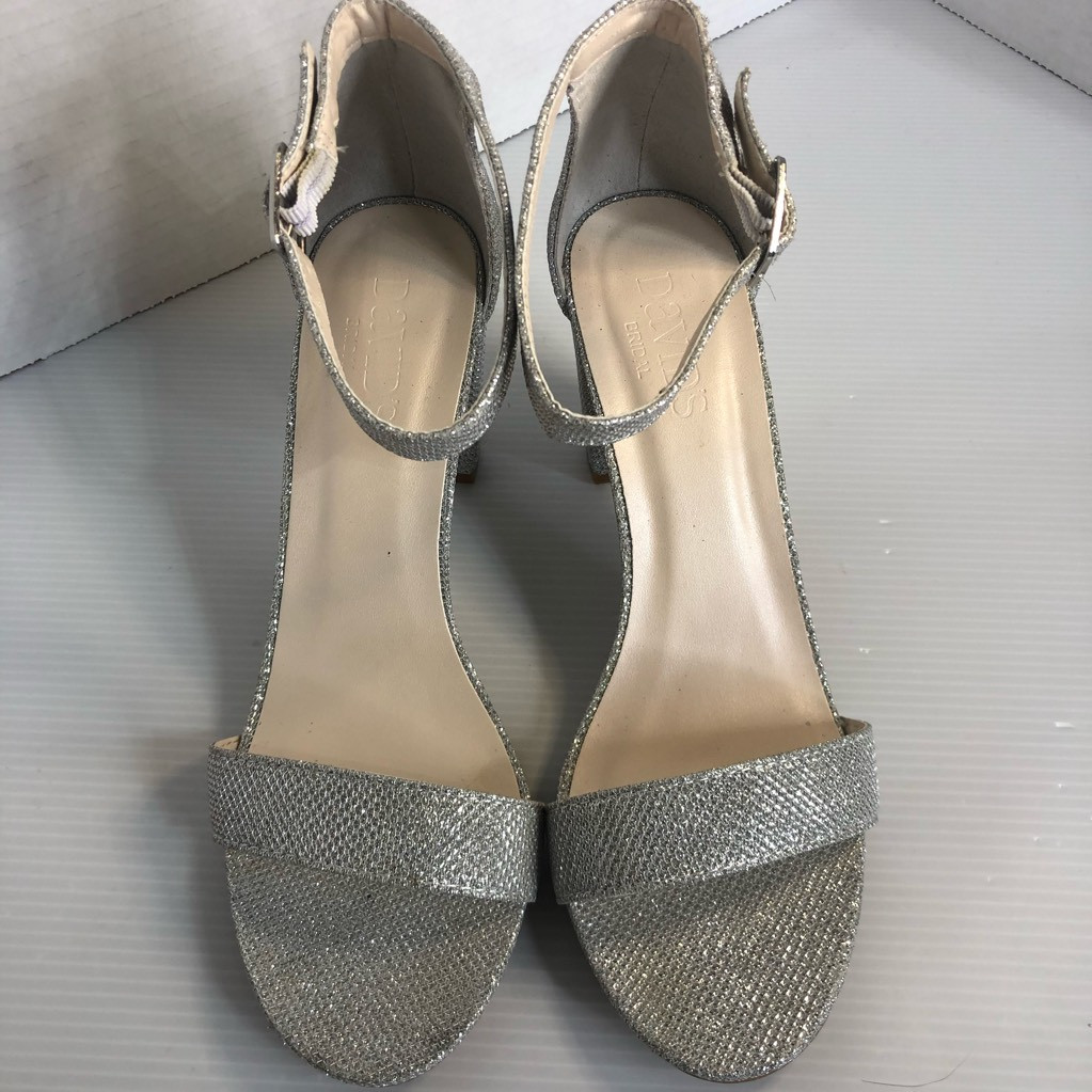David’s Bridal Womens Arya Ankle Strap Sandals Gray Open Toe Glitter High Heel 8