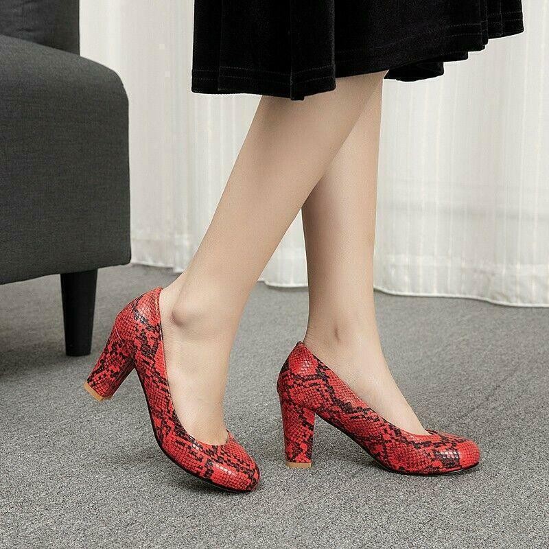 Womens Snakeskin Pattern Pumps Block Heels Slip On Shoes OL Office Dress Ladies