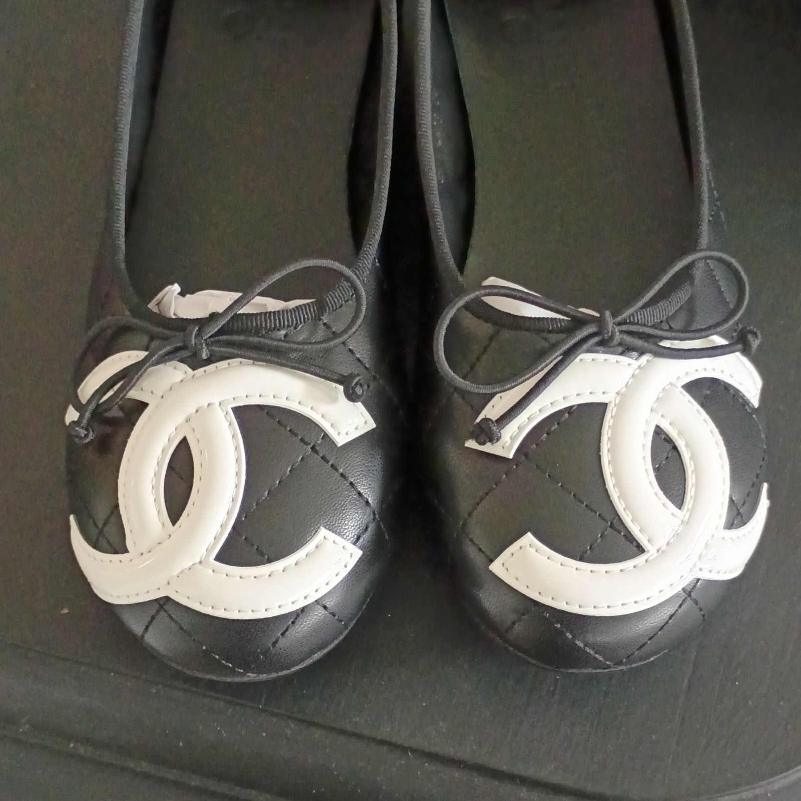 Chanel Ballet Slipper Cambons Size 7.5 Black CC LOGO Authentic BRAND NEW