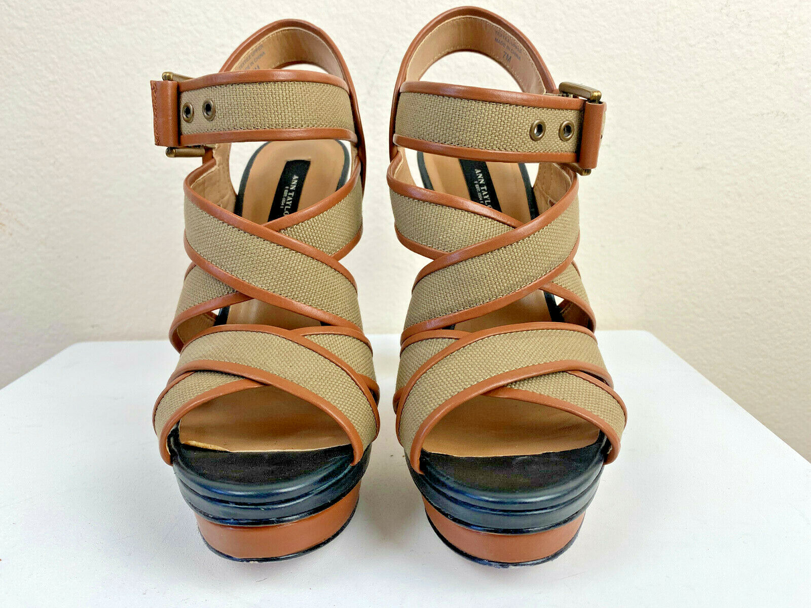Ann Taylor Strappy Platform High Heel Sandals 7M Tan Safari Canvas Cone 5″ Heel