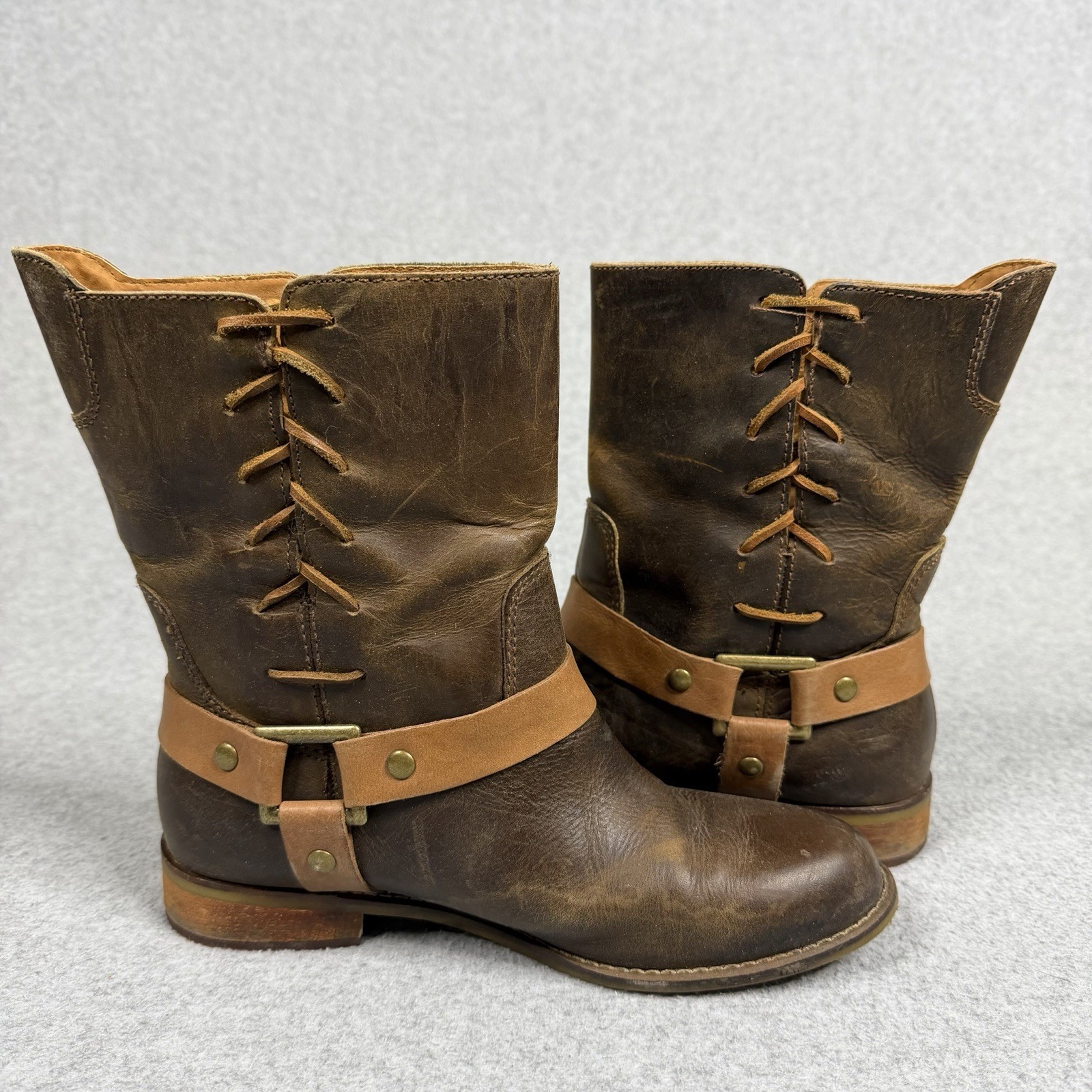 Latigo Thistle Boots Brown Leather Lace Up Side Harness Buckle Sz 6.5 M Two Tone