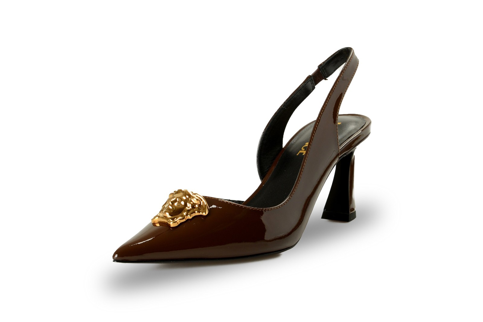 Versace Women’s Chocolate Patent Leather Gold Medusa Pump Shoes US 6 IT 36