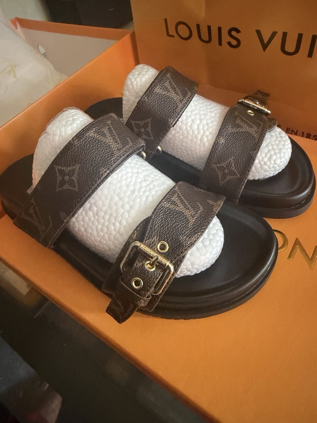 Louis Vuitton Women’s Monogram Double Strap Buckle Adjustable Slide Sandals