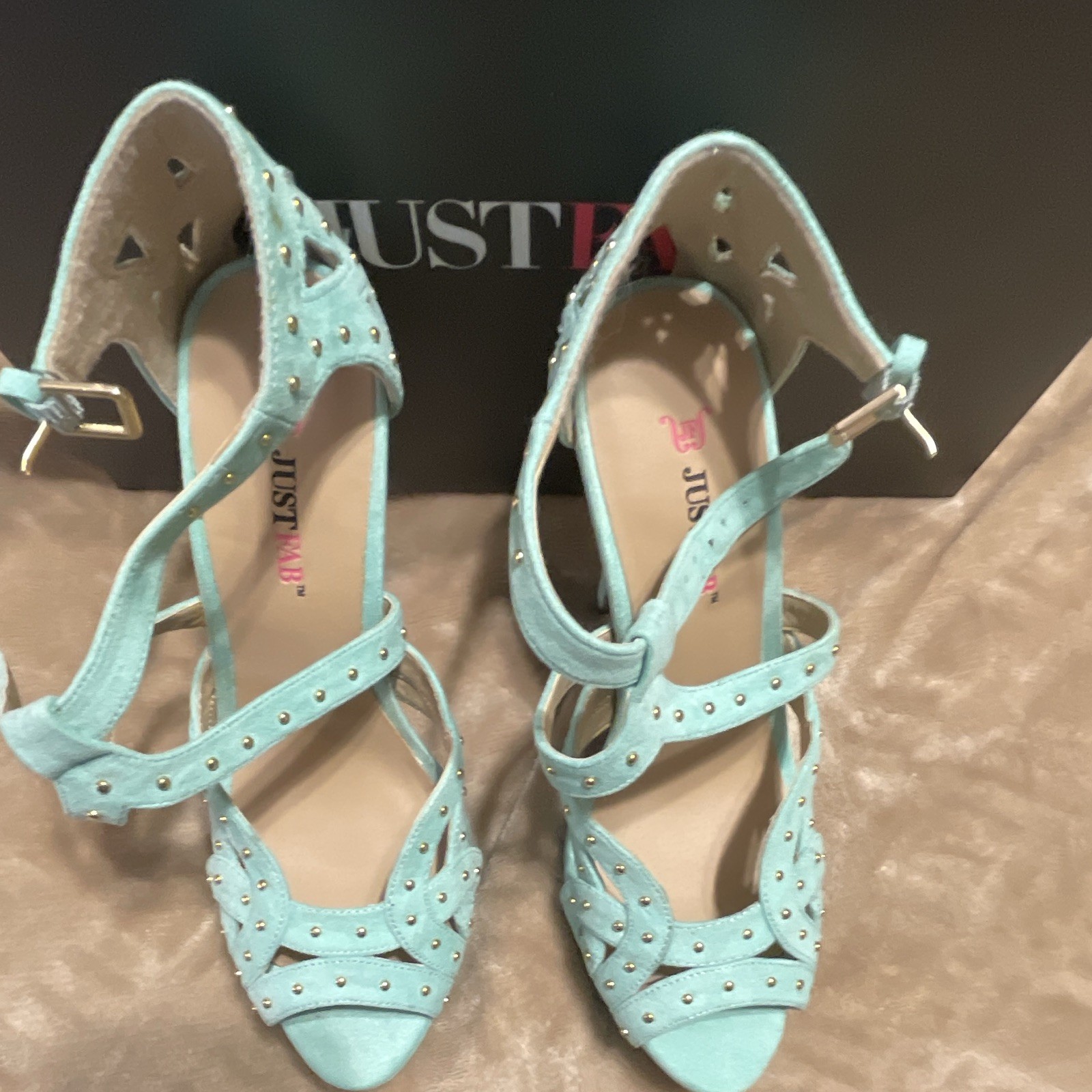 JustFab Mint (teal) Studded Ankle Strap Open Toe Platform Stiletto Heels 7